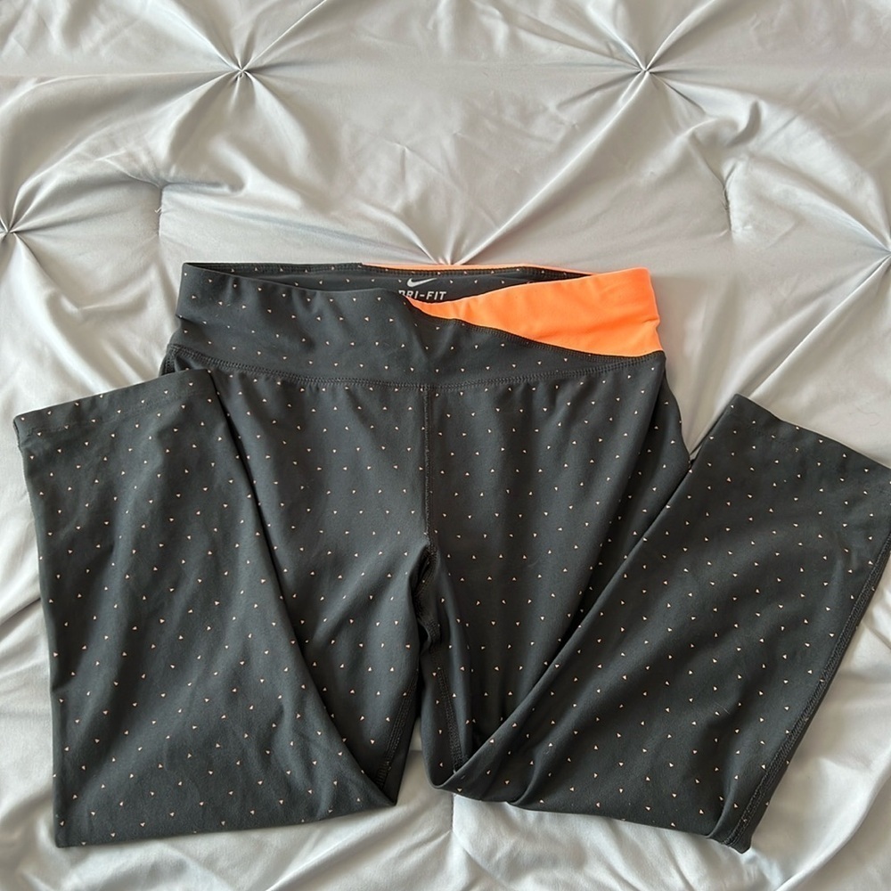 Nike Dri-FIT Gray Polka Dot Leggings Womens Orange Waist Athletic